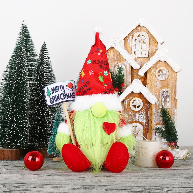 Green-Haired Faceless Grinch Gnome Doll with Long Beard