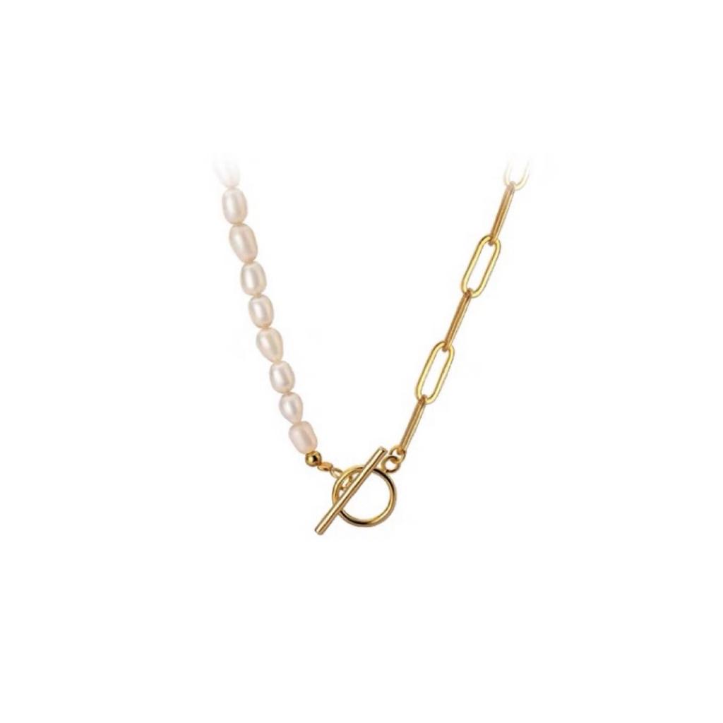 Rice Grains Freshwater Pearls Link Splicing Ot Buckle Necklace Femininity Fashion Metal Wind Short Collarbone Neck Chain