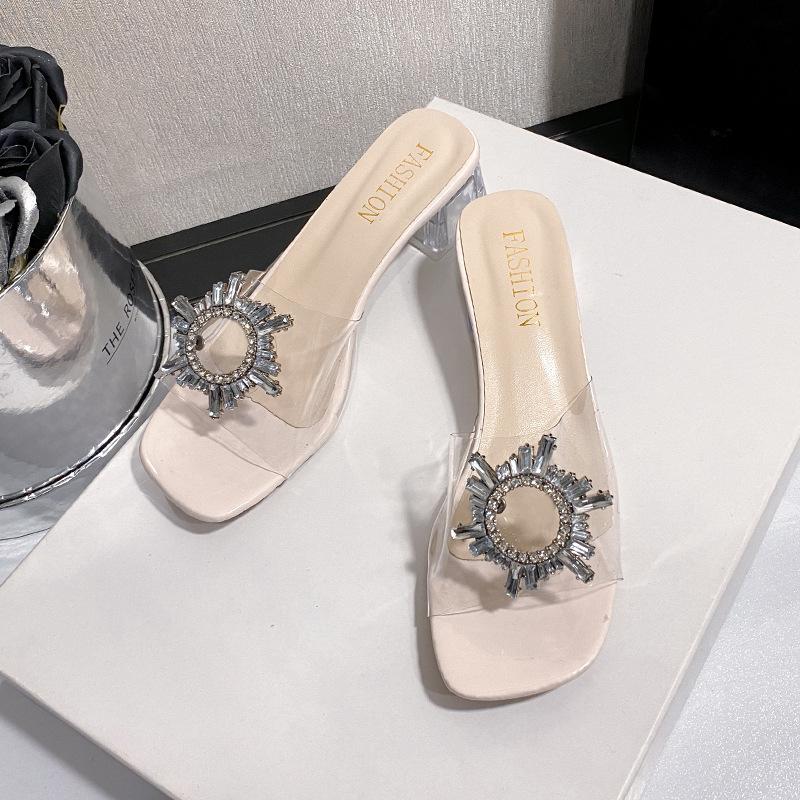 Slope heel sandals summer new large size cool slippers women's rhinestone transparent fashion slope heel cool slippers