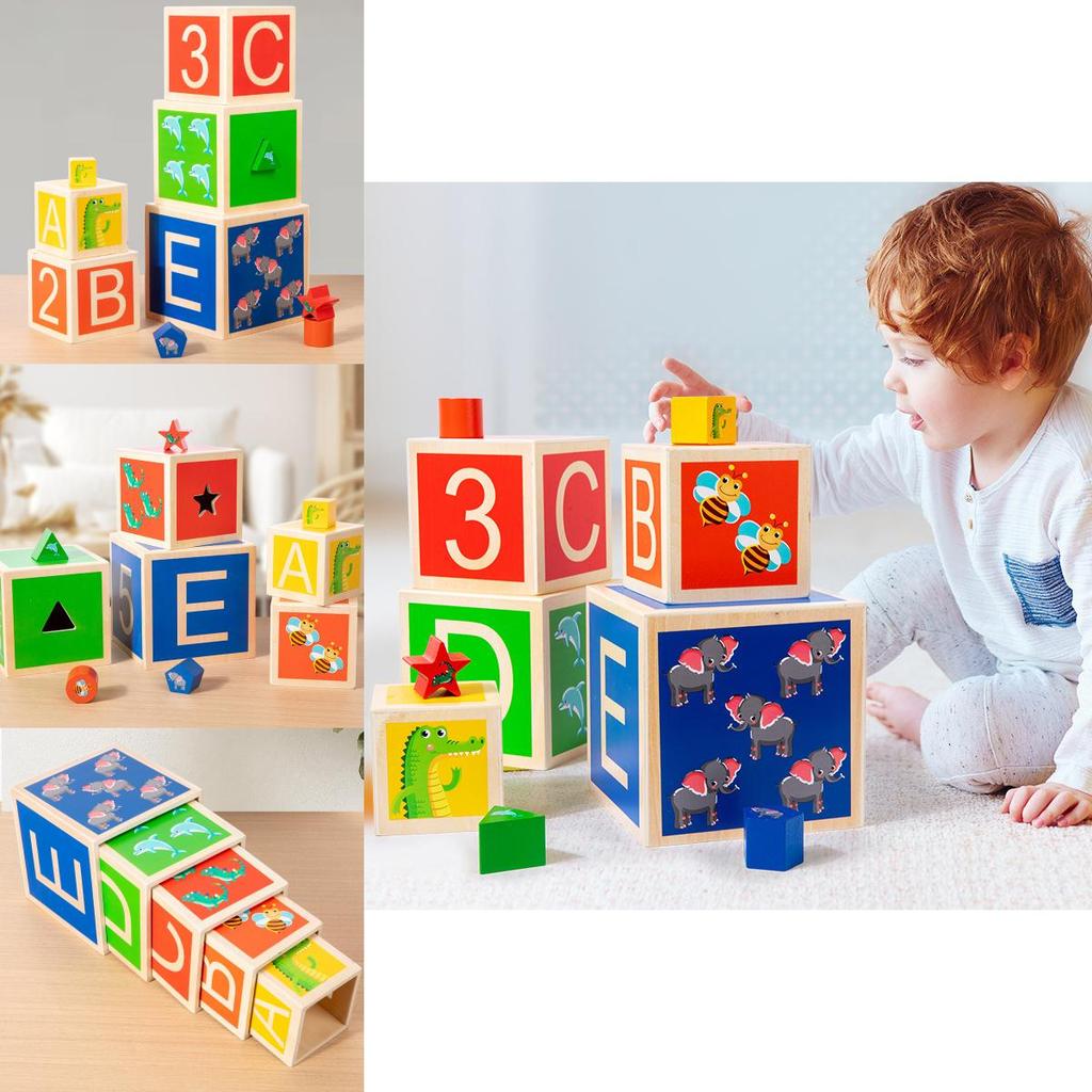 Wooden Multifunctional Color Shape Matching Stacking Box Kid Puzzle Toys For Early Education
