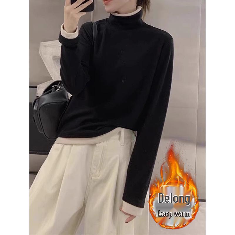 Autumn/Winter Color Block Women's High-Neck Velvet Long Sleeve Slimming Shirt
