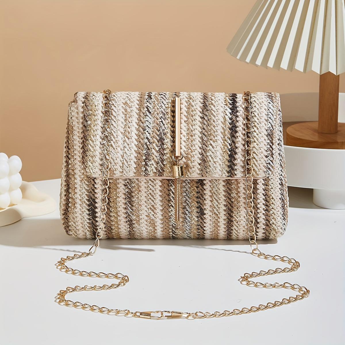 XYKK01 Kleurrijke Gestreepte Geweven Schoudertas voor Dames, Elegante Handtas met Afneembare Riem, Regenboog Streep Patroon, Messenger Bag, Kleine Crossbody Tas kaki