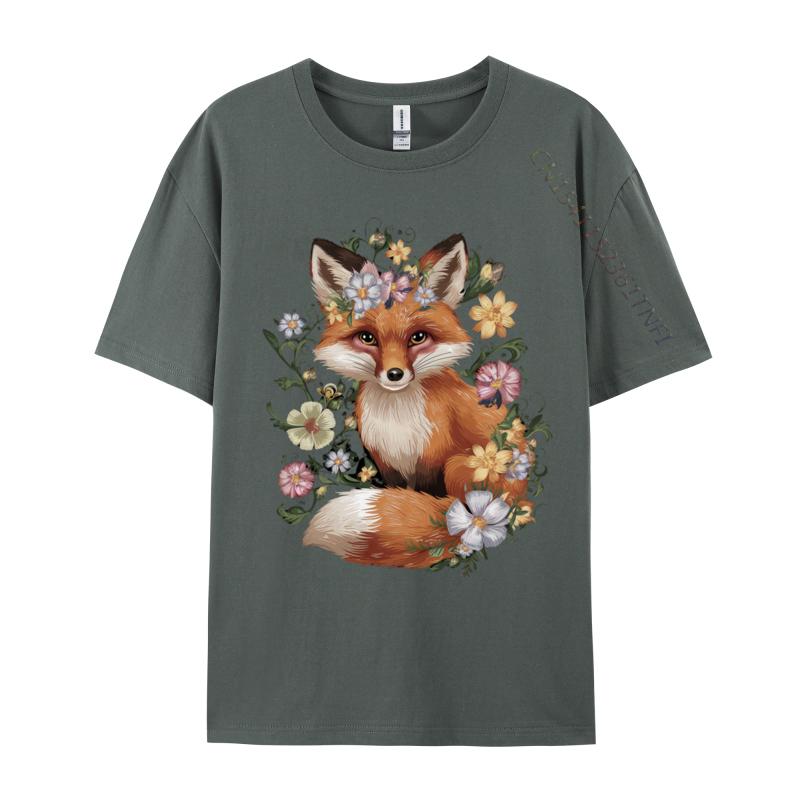 Cute Fox Cottagecore Floral Aesthetic Girls T-Shirts Men T Shirt Funny Vintage Tee Shirt Fast Shipping
