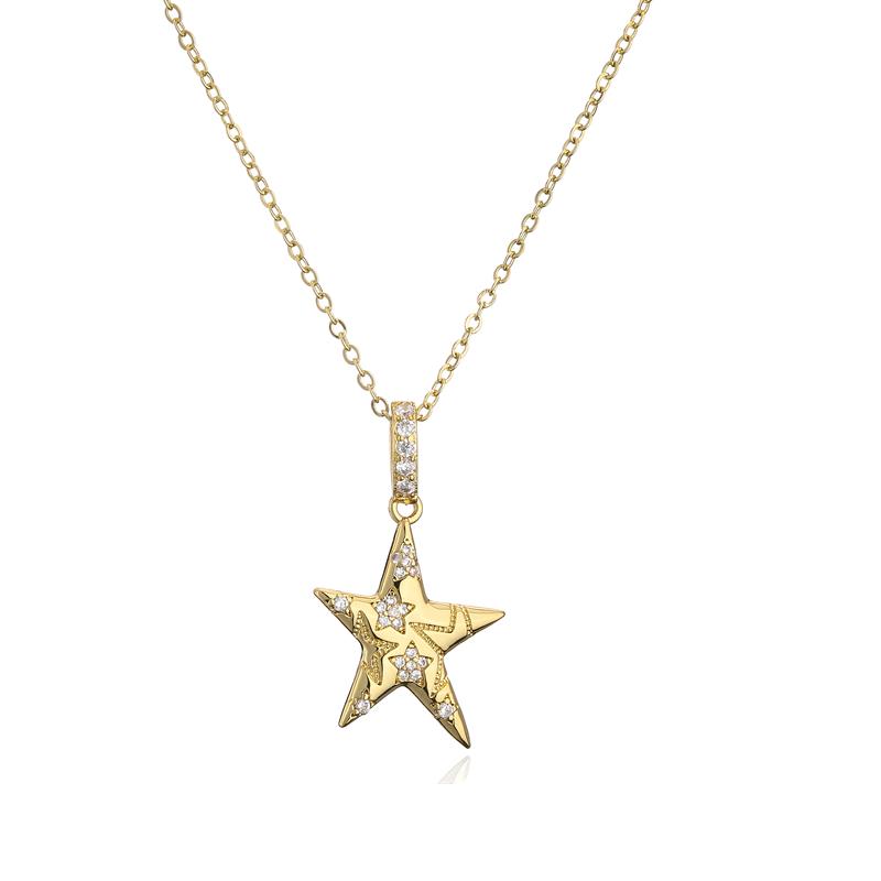 

HECHENG,Shiny Rhinestone Five-pointed Star Creative Necklace Earrings For Women 18K Gold Plated Chain Zircon Set Gifts