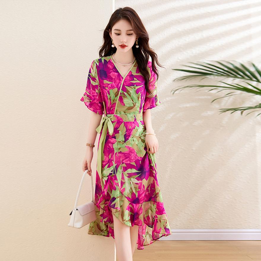 Fashion floral ruffle edge dress for women's summer small man design style vacation beach fishtail skirt