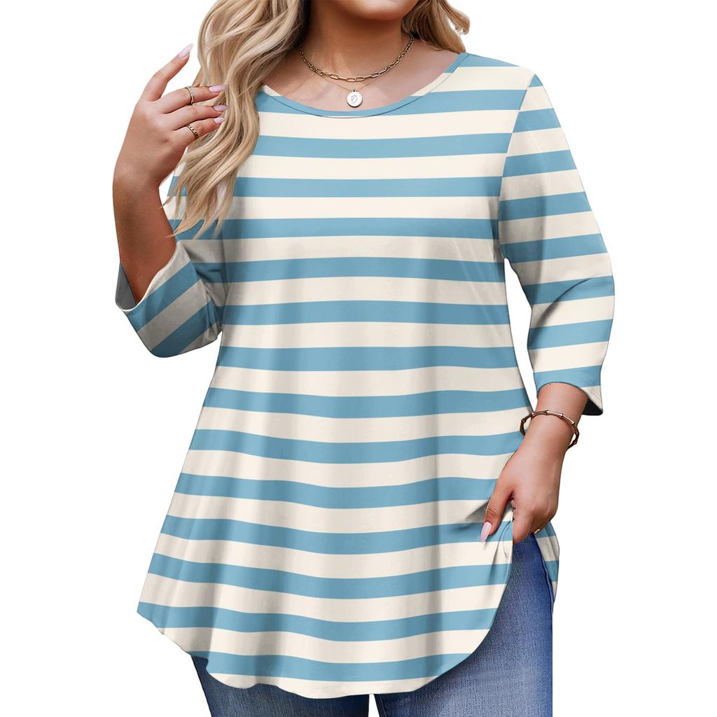 Ladies Stripe Print Plus Size 3/4 Sleeve Rounded Hem Round Neck Fashion Top