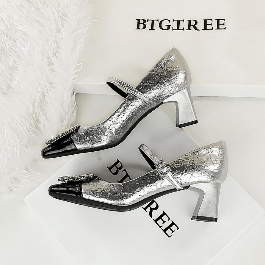 Shallow Mouth Square Toe Color Blocked Metal Rhinestone Buckle Straight Strap Single Shoe