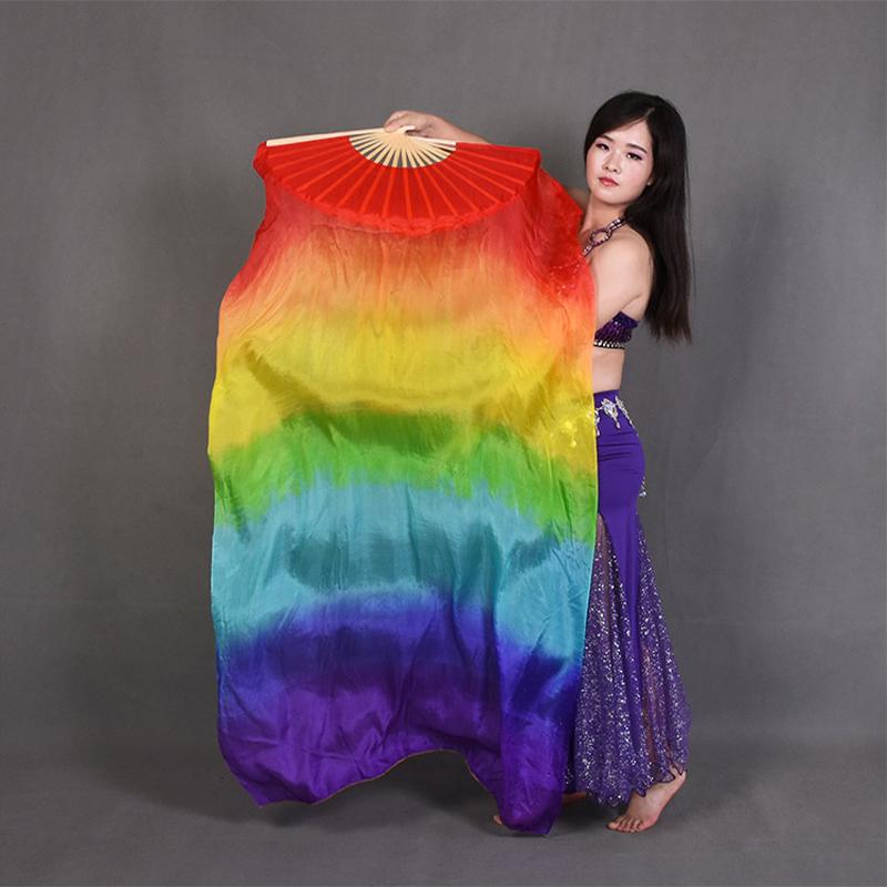 1 Pcs 150cm Length Belly Dance Fan Gradient Color Real Silk Bamboo Fans Practice Dance Silky Veil Stage Performance Props