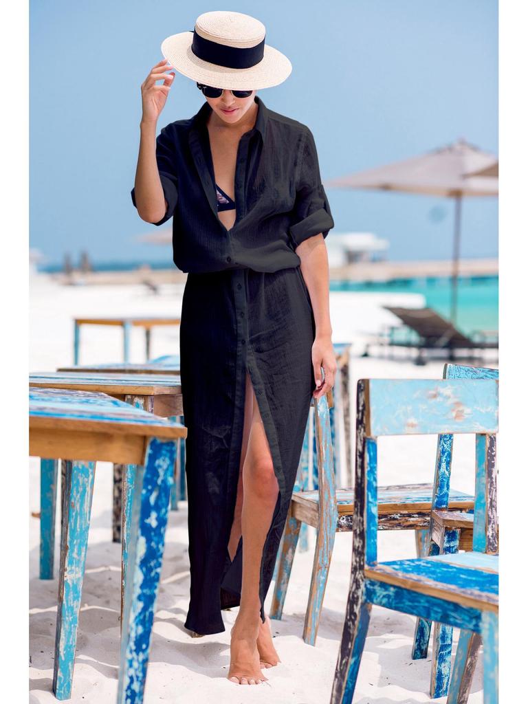 Rochie de cămașă de plajă de vacanță ultra-subțire din șifon cu guler cu cataramă