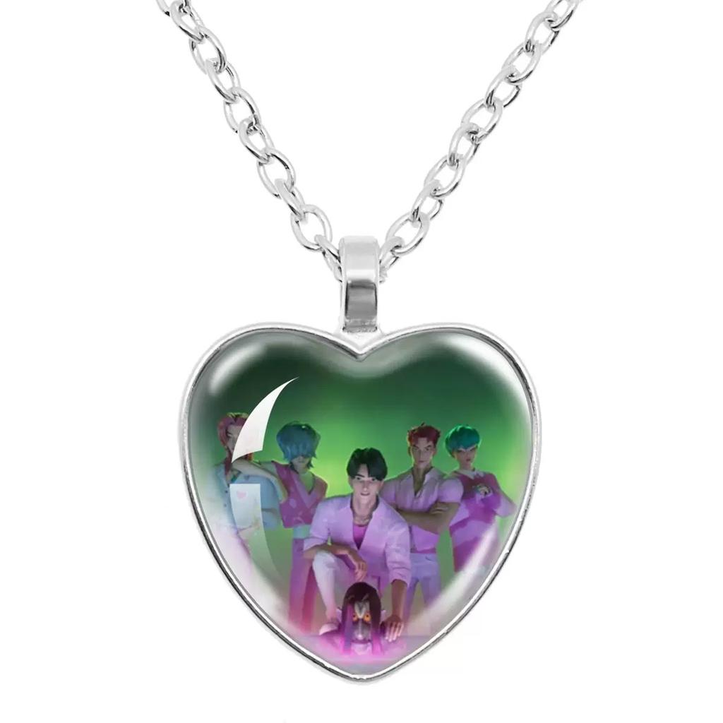 Kpop Demon Hunter Heart Shape Necklaces Idol Anime Pendant with Cartoon Character Pattern Fashion Idol Necklace Jewelry Gifts