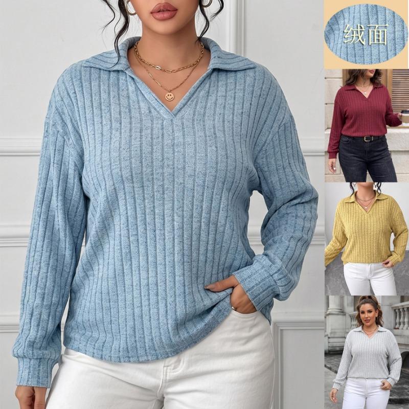 Plus Size Women S Long Sleeve Knit Turn Down Collar Striped Casual Basic Top