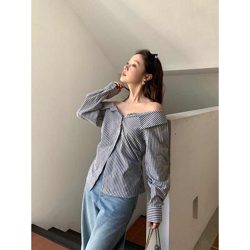 NEWOPEN 2025 Early Spring French Fashion Pure One-Shoulder Striped Women's Shirt C3270