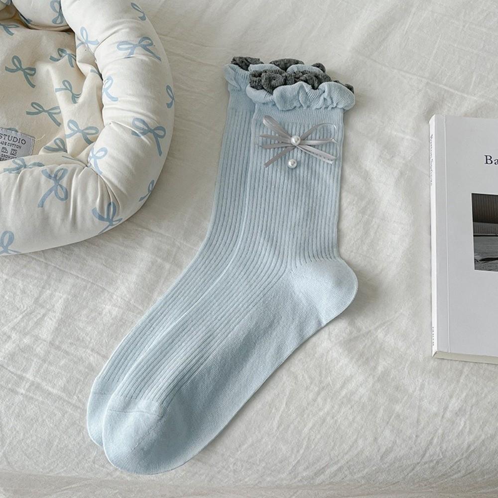 Cute Bow Socks Sweat Absorption Ruffle Socking New Mid Tube Socks  Spring and Autumn
