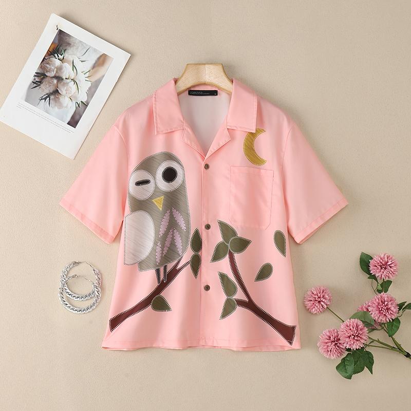 ZANZEA Women Casual Turn Down Collar Loose Short Sleeve Print Blouse