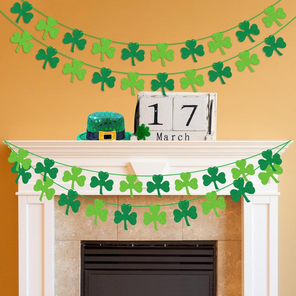 St Patricks Day Decorations 4PCS Felt Shamrock Garland Banner - NO DIY Shamrock Clover Garland Banner for St Patricks Day Decor - Dark Green Light