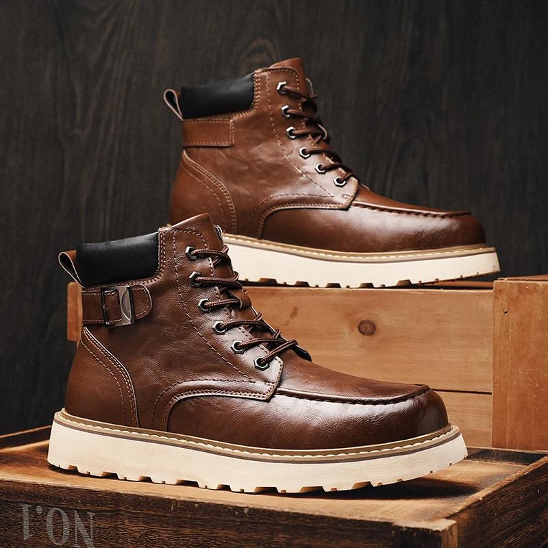 Rutschfeste Herren Freizeitschuhe aus Leder Retro-Stil Herren Stiefeletten zum Schnüren Einfarbig Belüftet Motorradstiefel Freizeitspaziergang Basic Schuhe