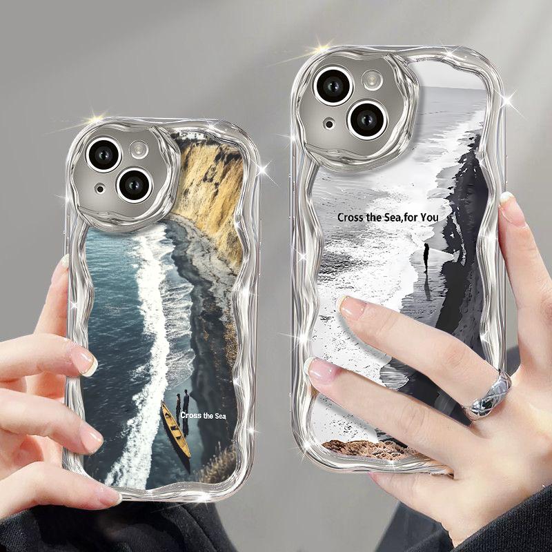 

Чехол Curvy Wave с серебряным покрытием и зеркалом для iPhone 16 Pro 15 14 13 Pro Max 12 11 с рисунком корабля в океане, мягкая задняя крышка из ТПУ с гальваническим покрытием iPhone 16