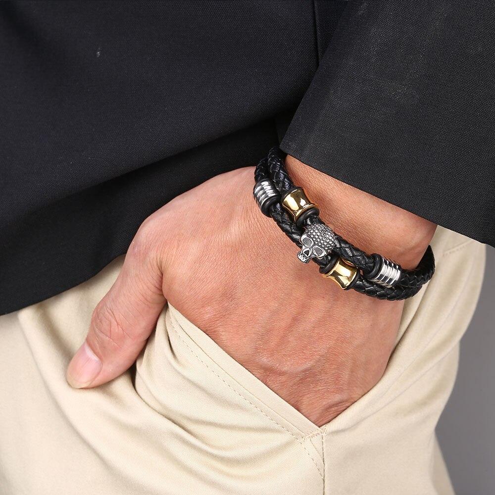 Men Jewelry Black Braided Leather Bracelets Men Stainless Steel Leahter Bracelets Cool Skull Bracelets Men Bracelet
