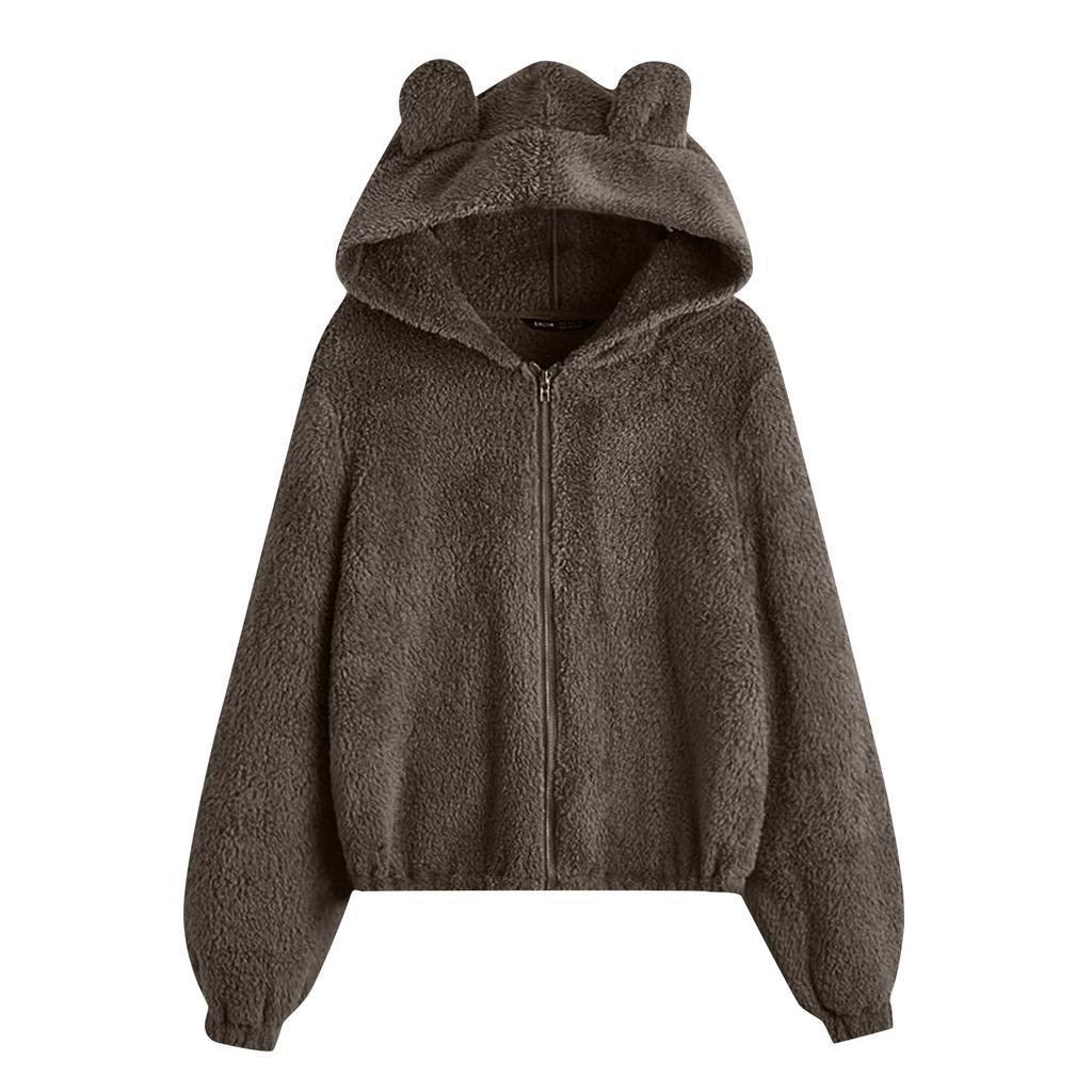 Women's Fashion Solid Color Casual Loose Hooded Fleece Cardigan Jacket