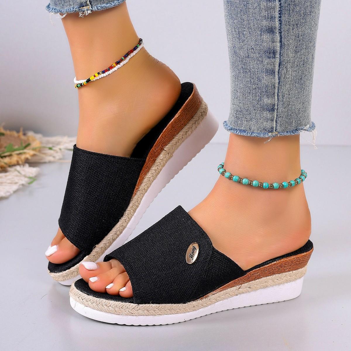 

Летние новые тапочки с наклонным каблуком и толстой пеньковой веревкой, импортные тапочки большого размера 2025 года, горячая распродажа, пляжные женские тапочки 42 чёрный