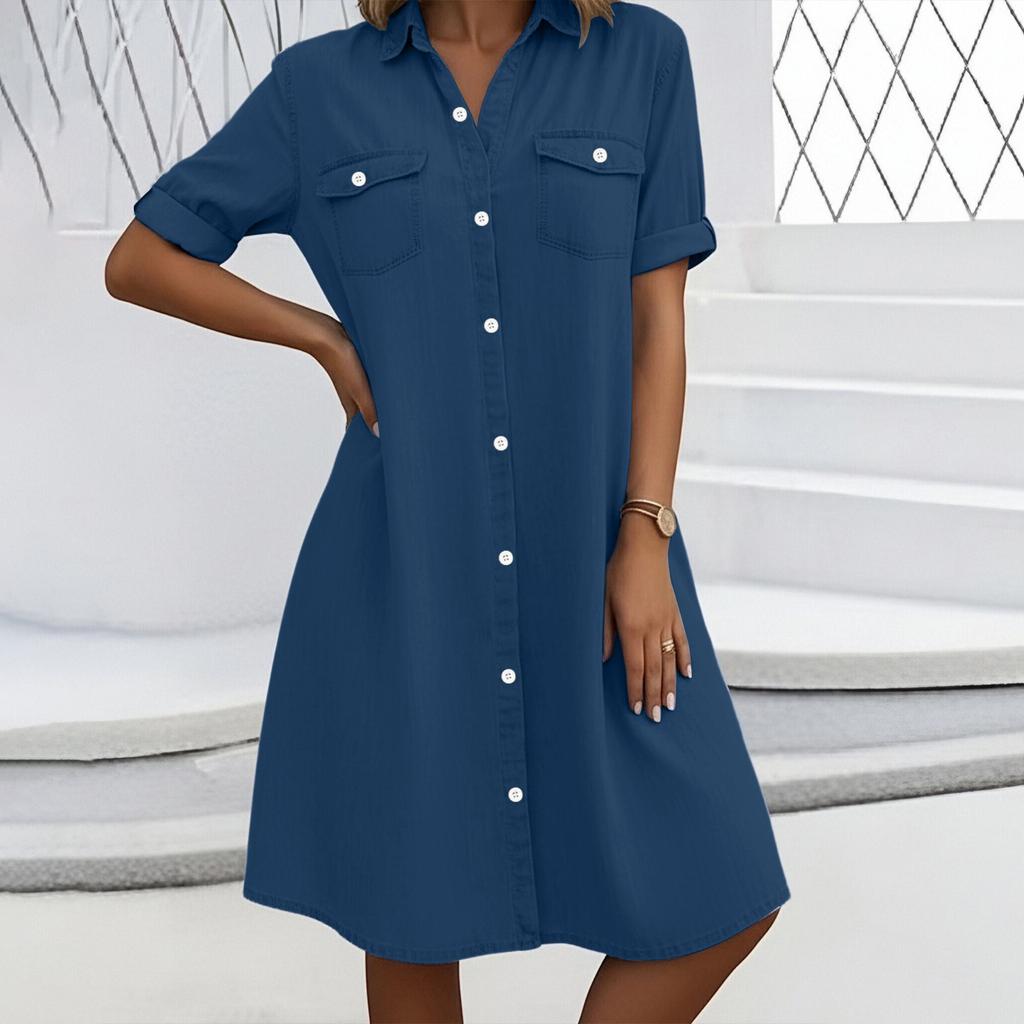 Women’s Button Down Shirt Dress with Short Sleeves Front Pockets Casual Loose Fit Tunic Knee Length