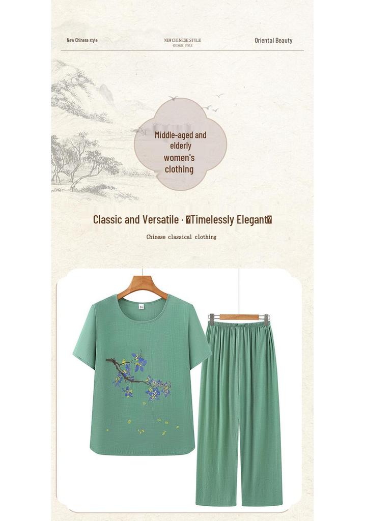 2026 Mid-aged & Elderly Women's Summer Short-sleeve Two-piece Set - Grandma Mom Pajama Top & Pants
