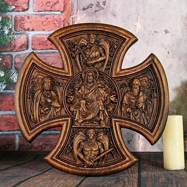 Christ Wooden Cross Catholic Trinity Jesus and Mary Home Wall Hanging Statue