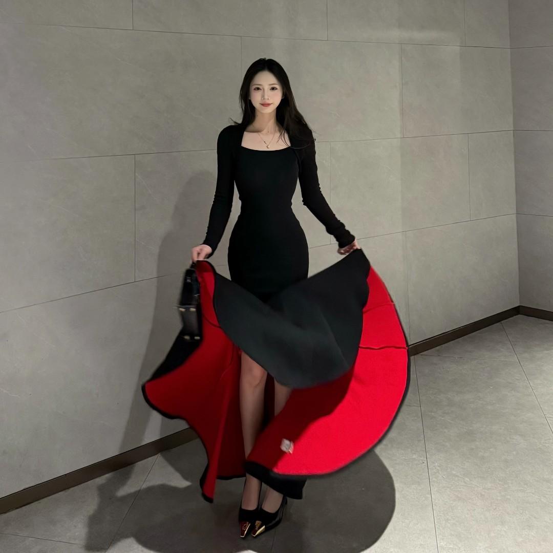 

Step by step lotus square neck dress women s new slim and thin versatile hip wrap fish skirt temperament long skirt XXL чорний