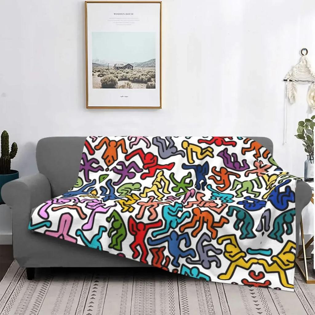 Dancing In The Wind Colorful Theme Flannel Throw Blanket Soft Cozy Haring Geometric Paintings Art for Bedroom Couch Home Decor