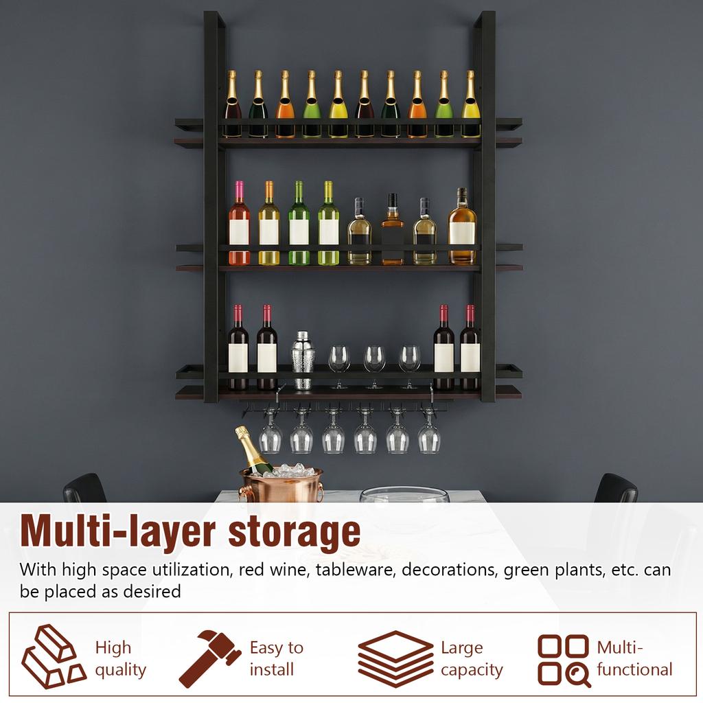 3 Tier Wall Mounted Bar Shelves Metal Hanging Wine Storage Rack Display with Glass Holder for Kitchen Dining Room Home Decor