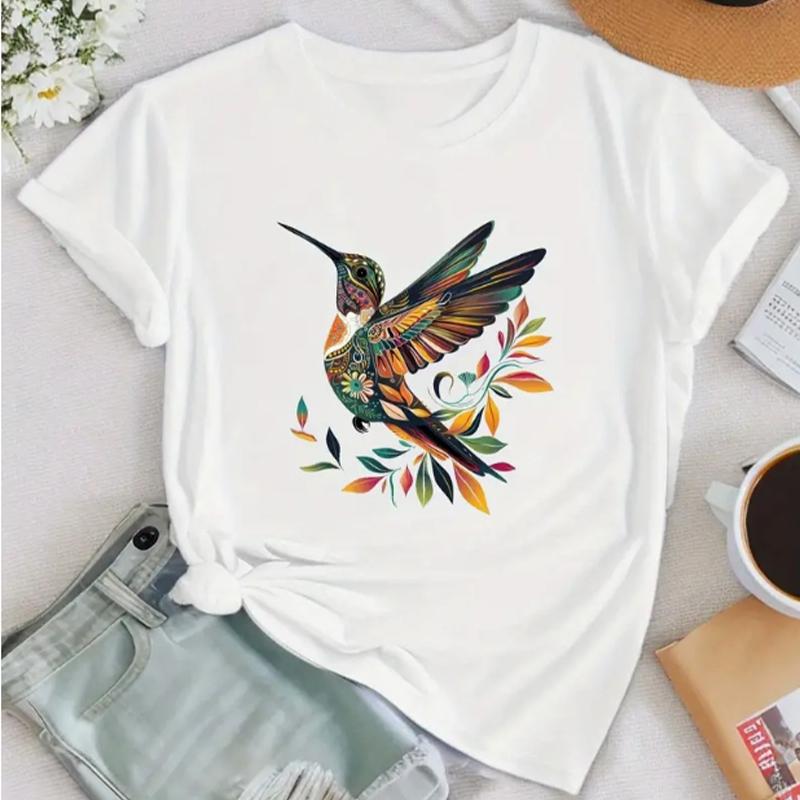 Mode Frauen Retro Kontrast Kolibri Print T Shirt Lustige Casual Oansatz Kurzen Ärmeln T-shirt Sommer Weibliche T-Shirt