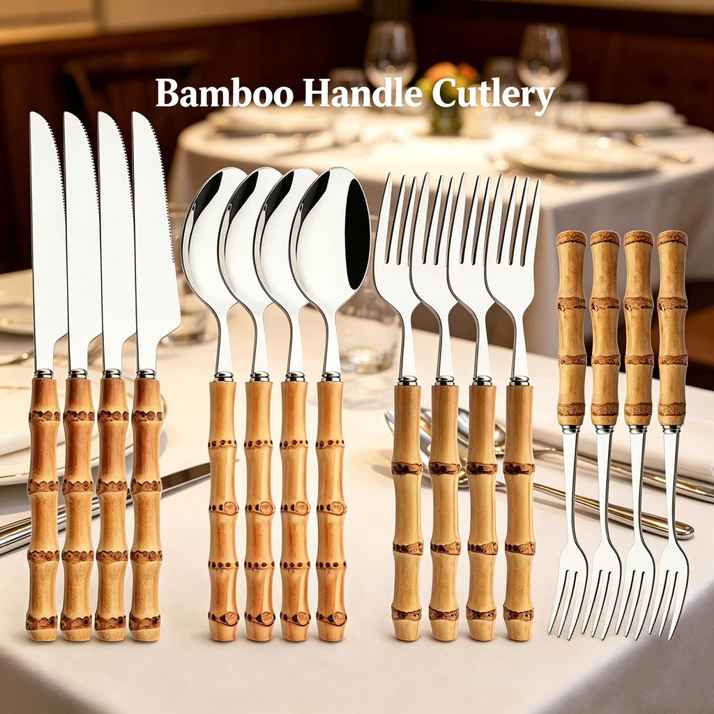 16-Piece Bamboo Handle Silverware Set Stainless Steel Flatware Set Include Spoons Forks Knives and Tea Forks, Cutlery Utensils Serves 4