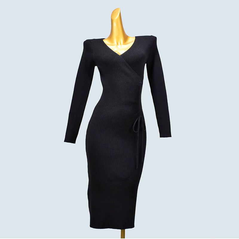 Autumn and Winter V-neck Pleated Drawstring Waist-Tight Slim Looking Mid Length Long Length Package Hip over-the-Knee Knitting Dress Match with Coat
