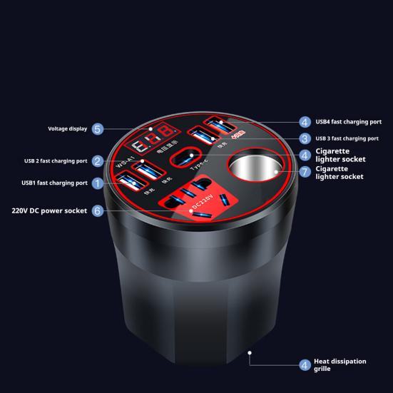 200W Měnič napětí do auta 4 USB 1 port typu C se zásuvkou AC 12V na 220V Rychlonabíjecí konvertor pro notebooky telefony