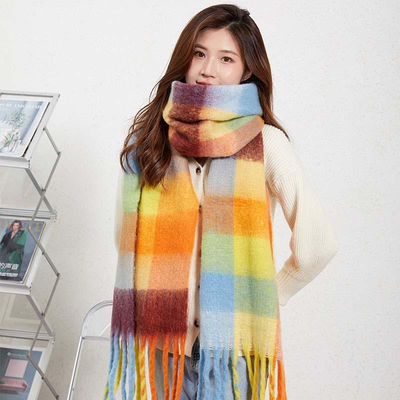 Autumn and winter new style warm pull hair color grid scarf fashionable versatile outer