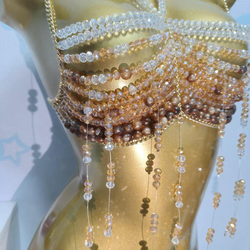 European Handmade Beaded Tassel Chest Chain - Strappy Back Beach Party Accessory