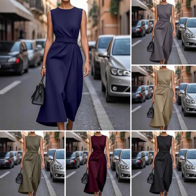 Women's Summer Sleeveless Maxi Dress A Line Pleated Crew Neck Tank Dress