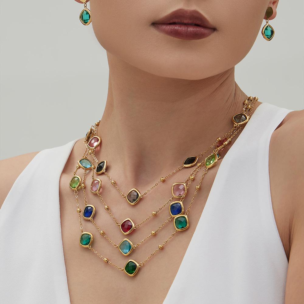 Exquisite Rhombus Cut Glass Bead Clavicle Chain Bracelet - Fashionable Stainless Steel Jewelry