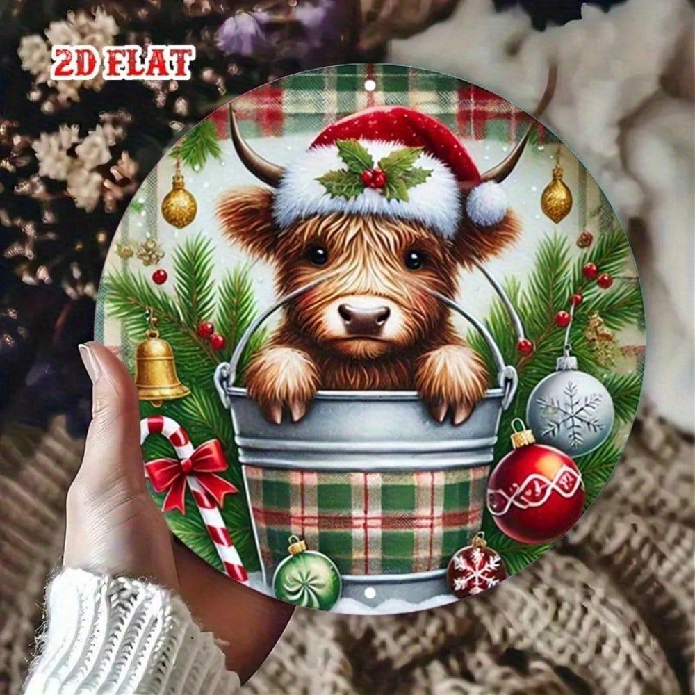 Rustic Scottish Highland Cow Metal Wall Art Round Plaque Farmhouse Decor 7.8 Inch