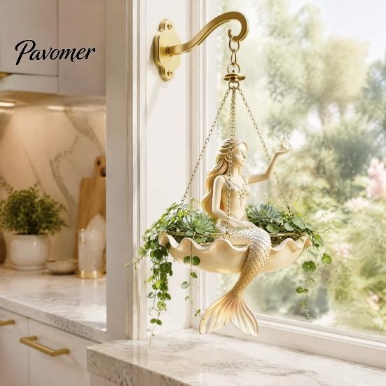 Piccolo Fioriera da Pianta Erbacea Ballerina di Balletto & Sirena Fioriera da Appendere, Vaso da Fiori a Forma di Conchiglia in Resina con Catene Metalliche, Cestino Leggero