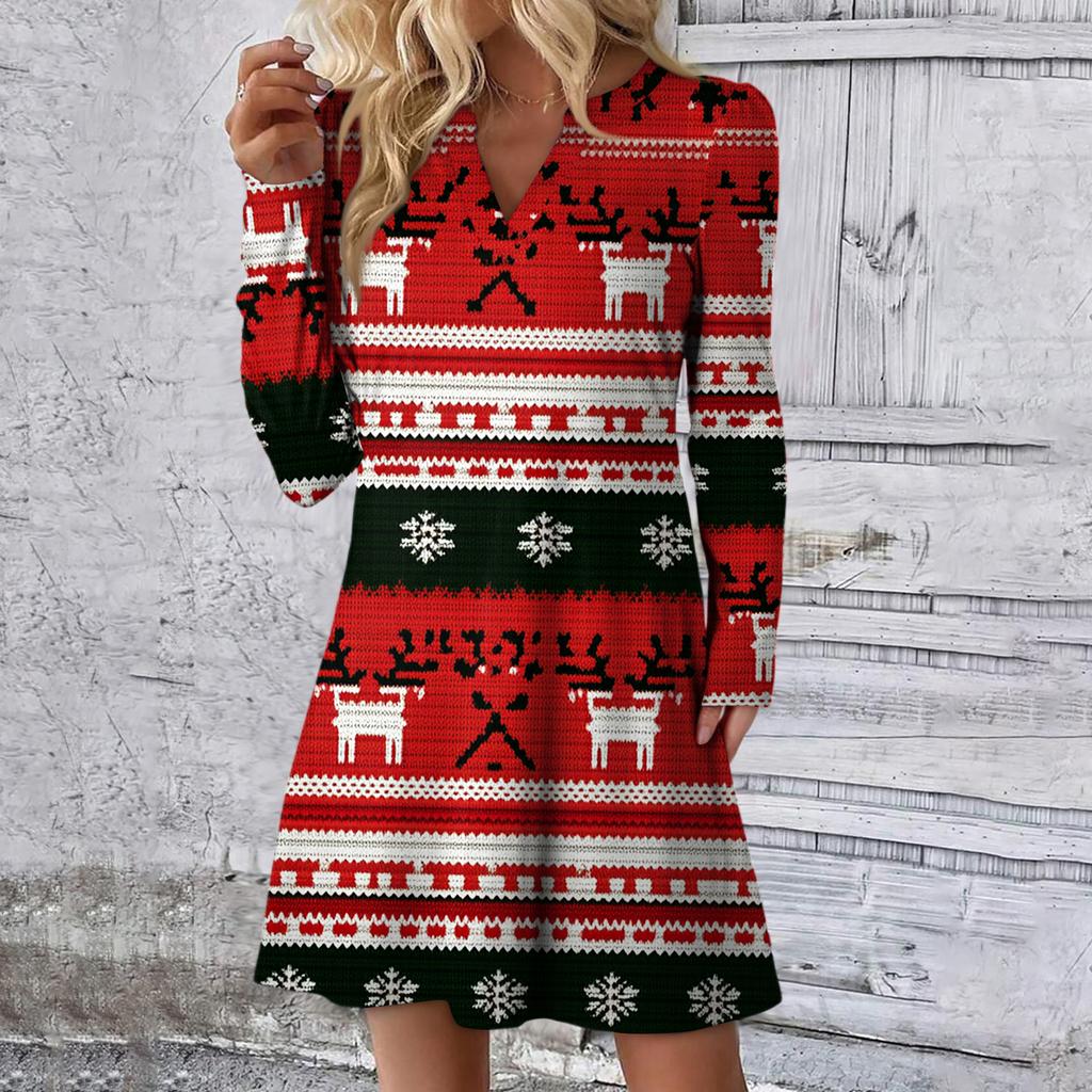 Dámské vánoční šaty s potiskem Volné šaty s výstřihem do V a dlouhým rukávem pro volný čas