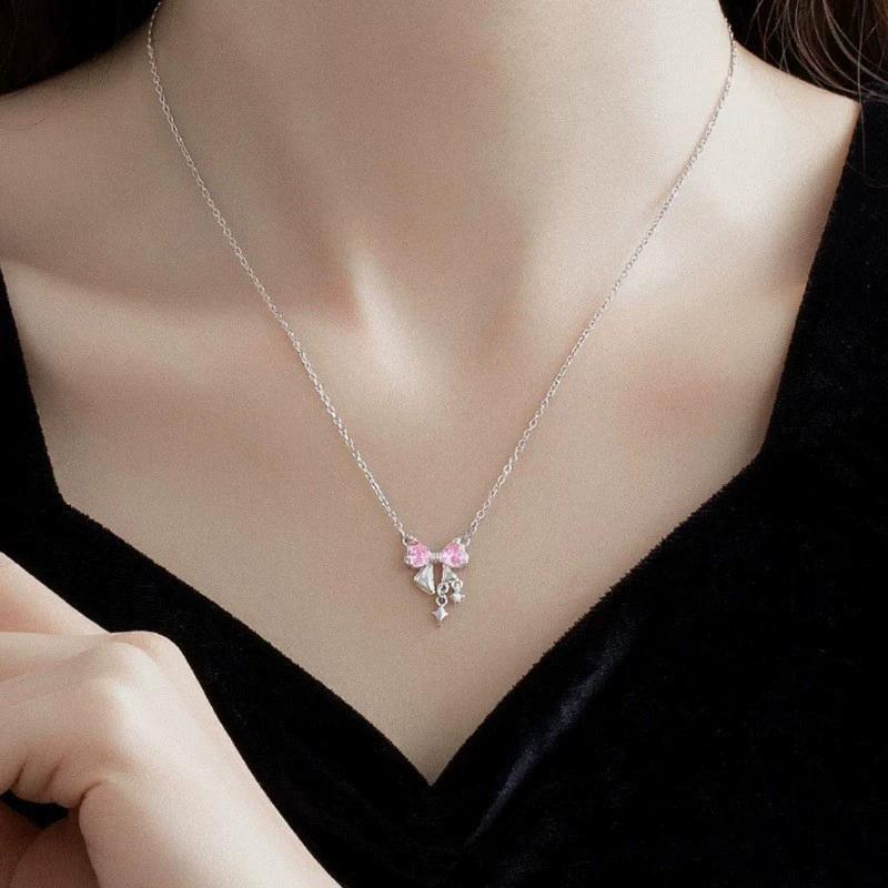 Fashion Fairy Pink Crystal Bow Knot Pendant Necklaces Y2K Girls Sweet Rhinestone Heart Clavicle Chain Women Jewelry Gifts