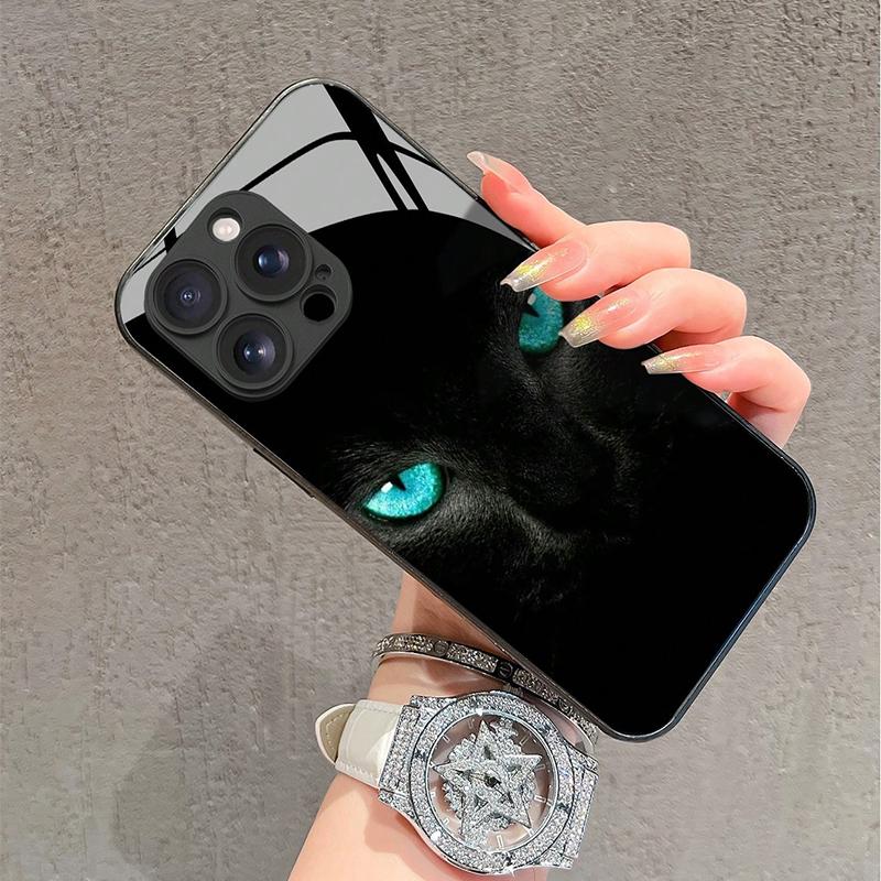 Cool Black Cat Mysterious Eyes Tempered Glass Phone Case For iPhone 17 16 15 14 13 12 11 Pro Max 17Air 16E 7 Plus XR XS X Cover