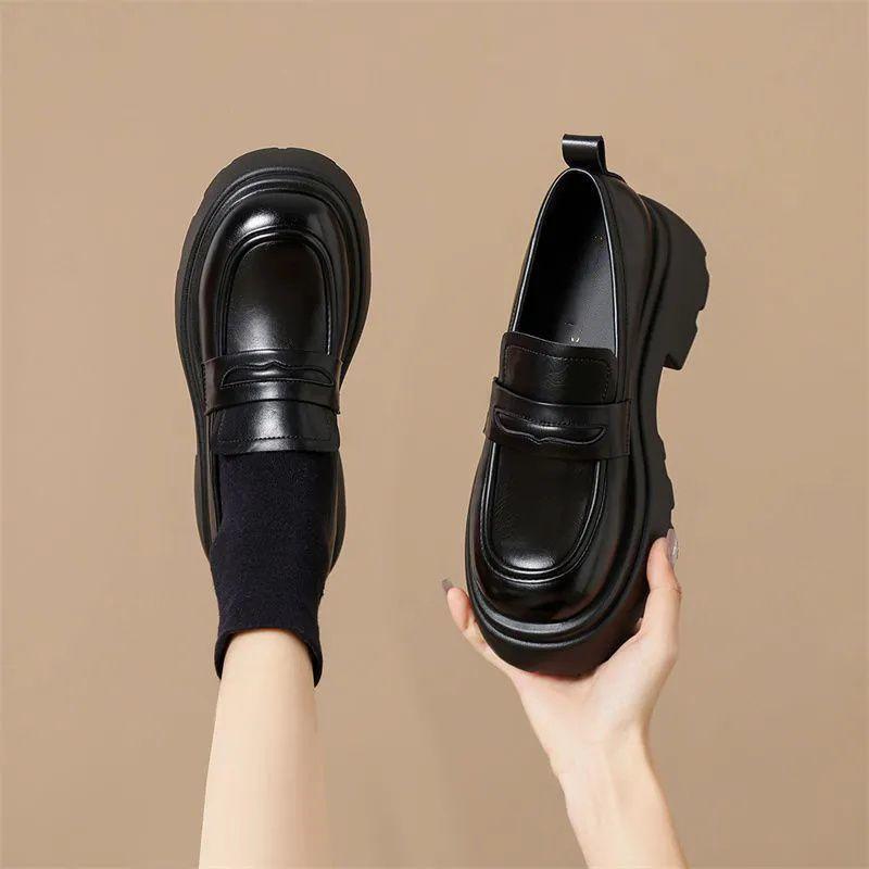 

2026 Женские лоферы на толстой подошве, водонепроницаемые, в британском стиле - Зимние, ретро, без шнуровки, увеличивающие рост, простые и легкие 35 чёрный