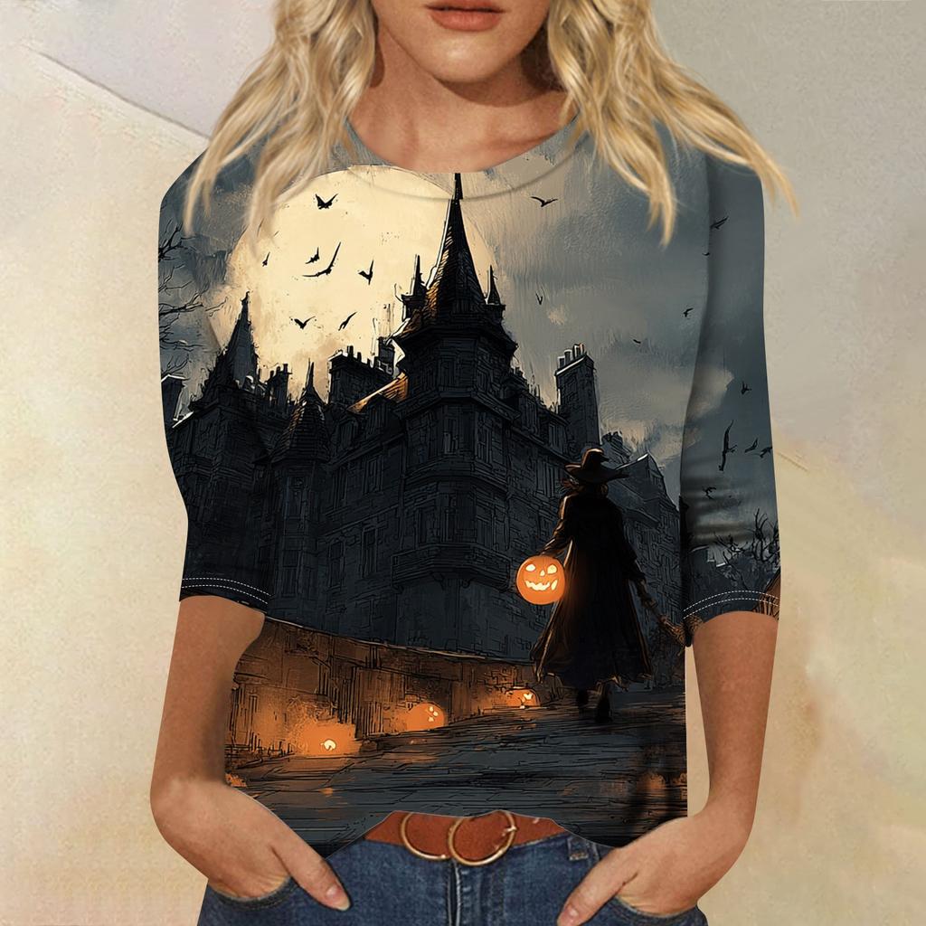 Women's Fashion Casual Round Neck Three-quarter Sleeve Halloween Printed T-shirt Top