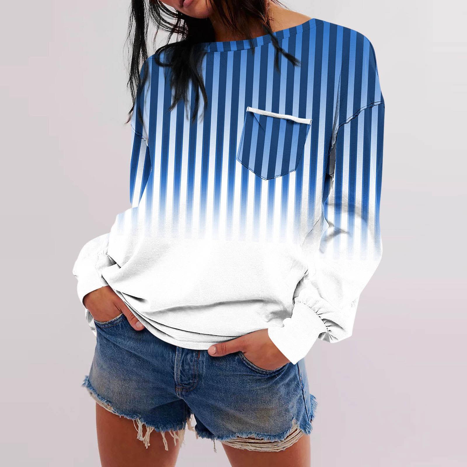 

Женская мода с длинным рукавом, осенний градиентный полосатый принт, свободный топ с круглым вырезом и длинными рукавами S