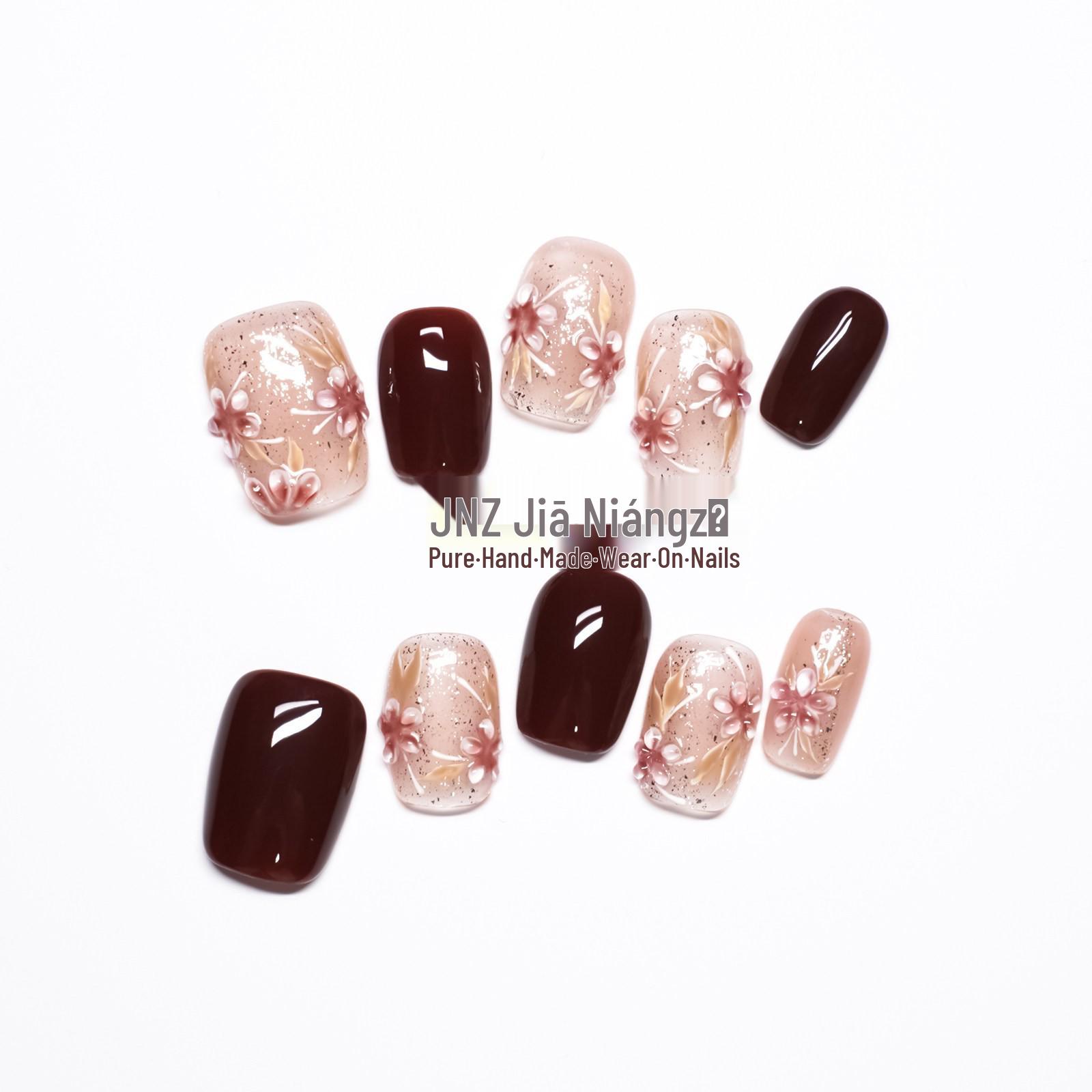 

Jia Niangzi Handmade Cat Eye Color Block Short Nails with 3D Flowers – Elegant Manicure 10 Pieces M (Includes Tool Kit)