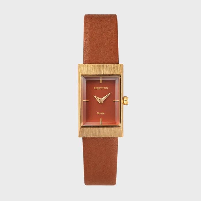 Women's Leather Band Design Watch Rumton Grid Tan Gold
