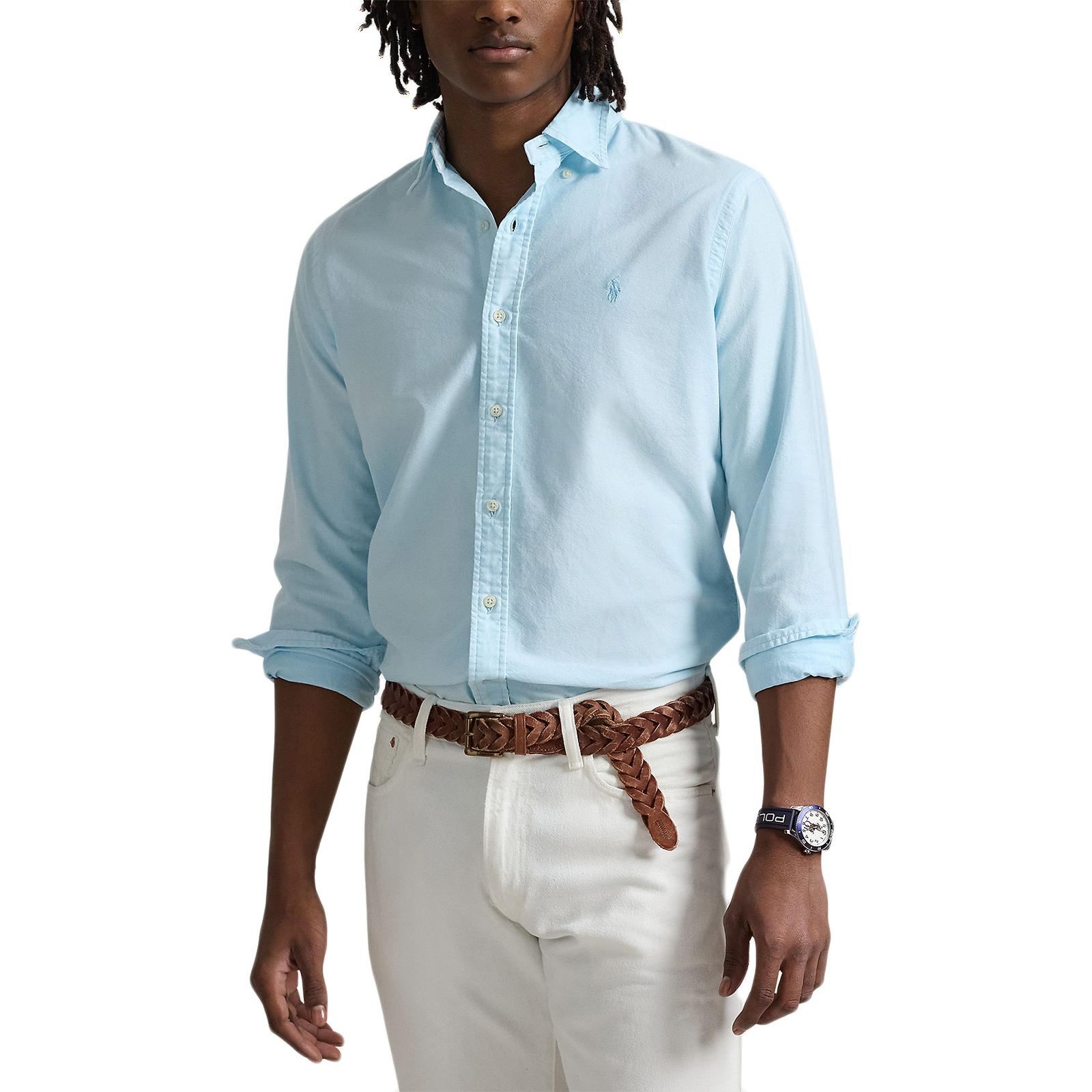 

Polo Ralph Lauren Однотонная рубашка с логотипом на воротнике поло, на пуговицах, с длинным рукавом, мужская, синяя 710968913-005 M