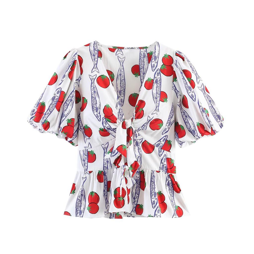 European and American Style, New Women's Clothing, Bow-decorated Printed Shirt Pleated Printed Casual Shorts